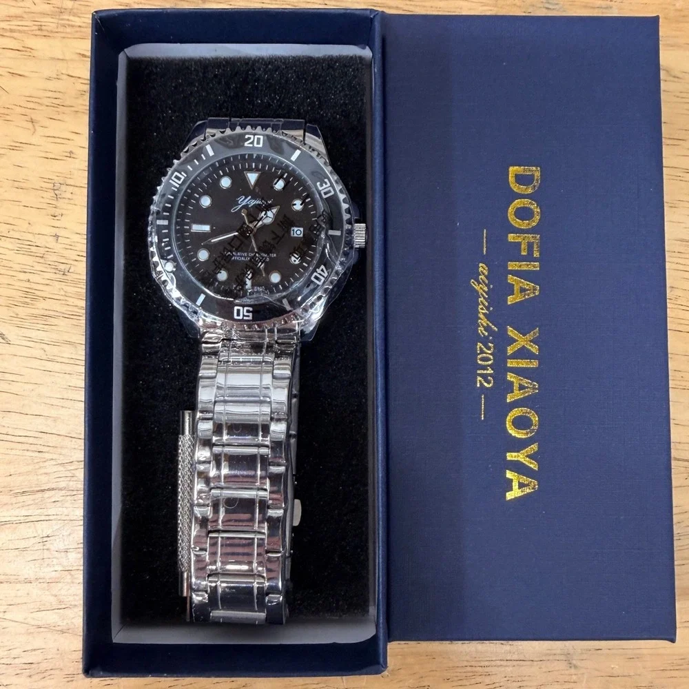 Dofia Xiaoya Men's Silver Stainless Steel Quartz Watch Black Dial Gift Box w/ S